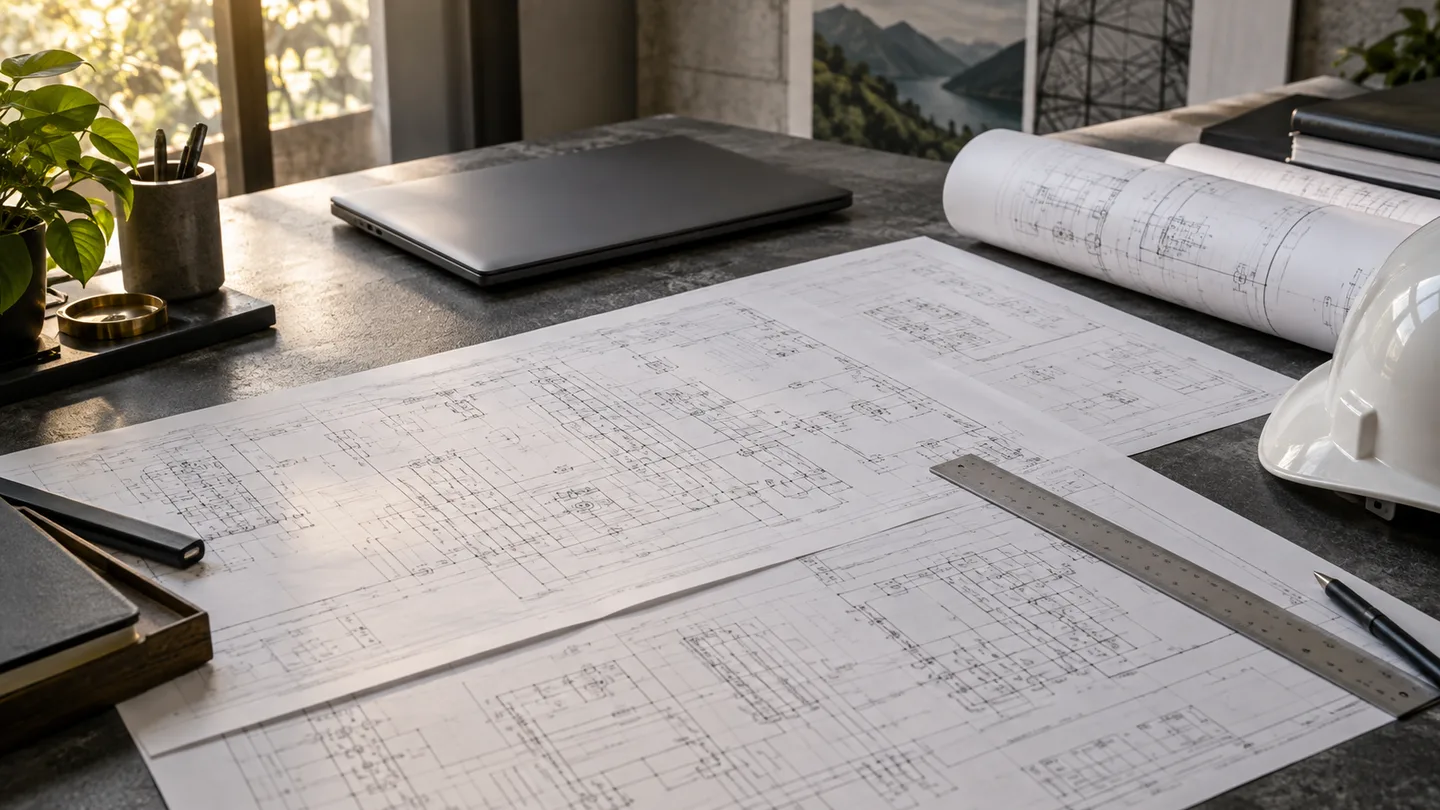 Illustrative engineering workspace with electrical plans, a laptop and a hardhat.