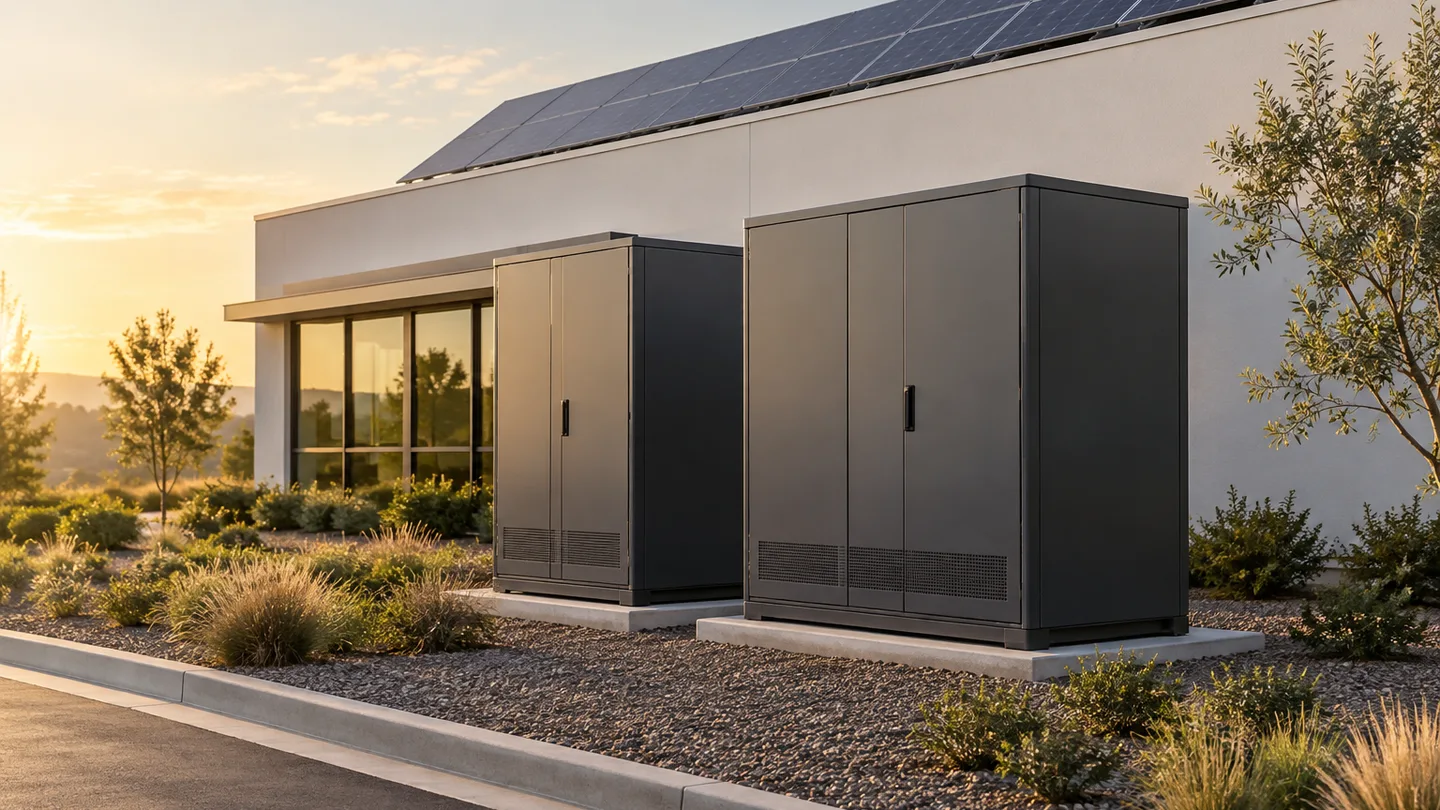 Illustration of battery storage cabinets beside a building with rooftop solar panels.